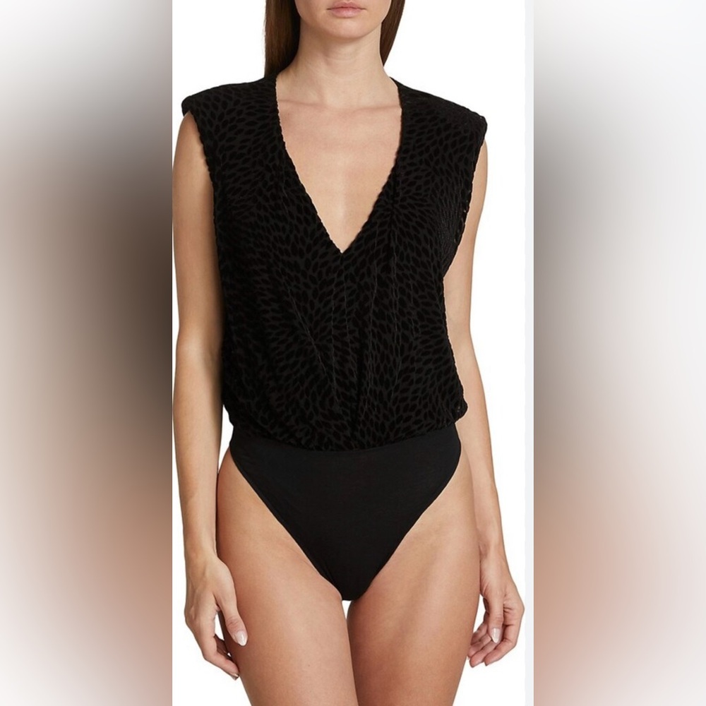 New Ramy Brook Women's XXS Regina Leopard Velvet Black Bodysuit